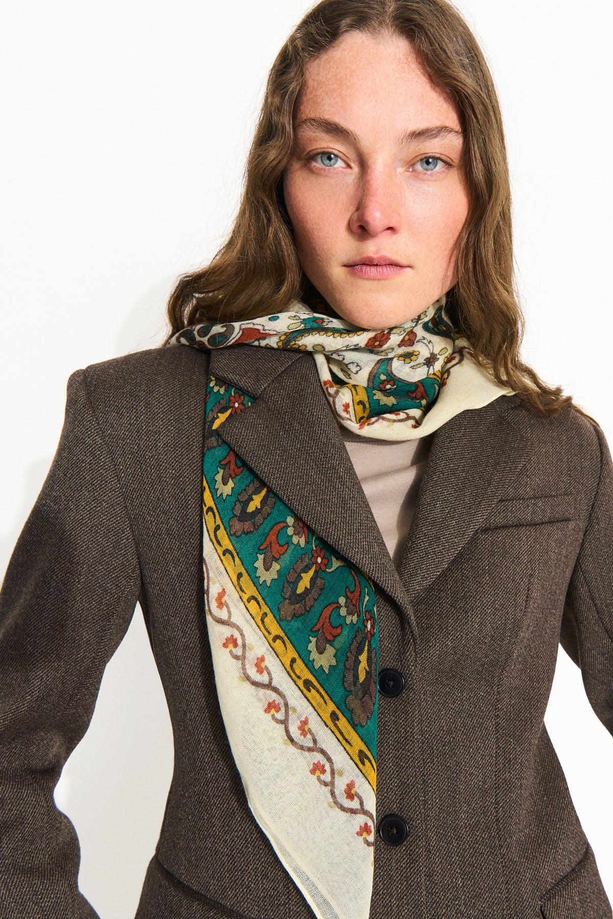 Skall Studio Mafalda wool scarf 90x90 Scarf Beige/Blue Kalamkari